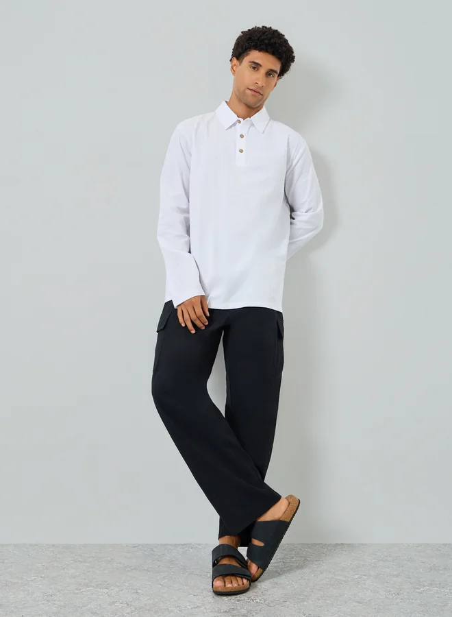 تايك تو Men White Long Sleeve Linen Blend Polo
